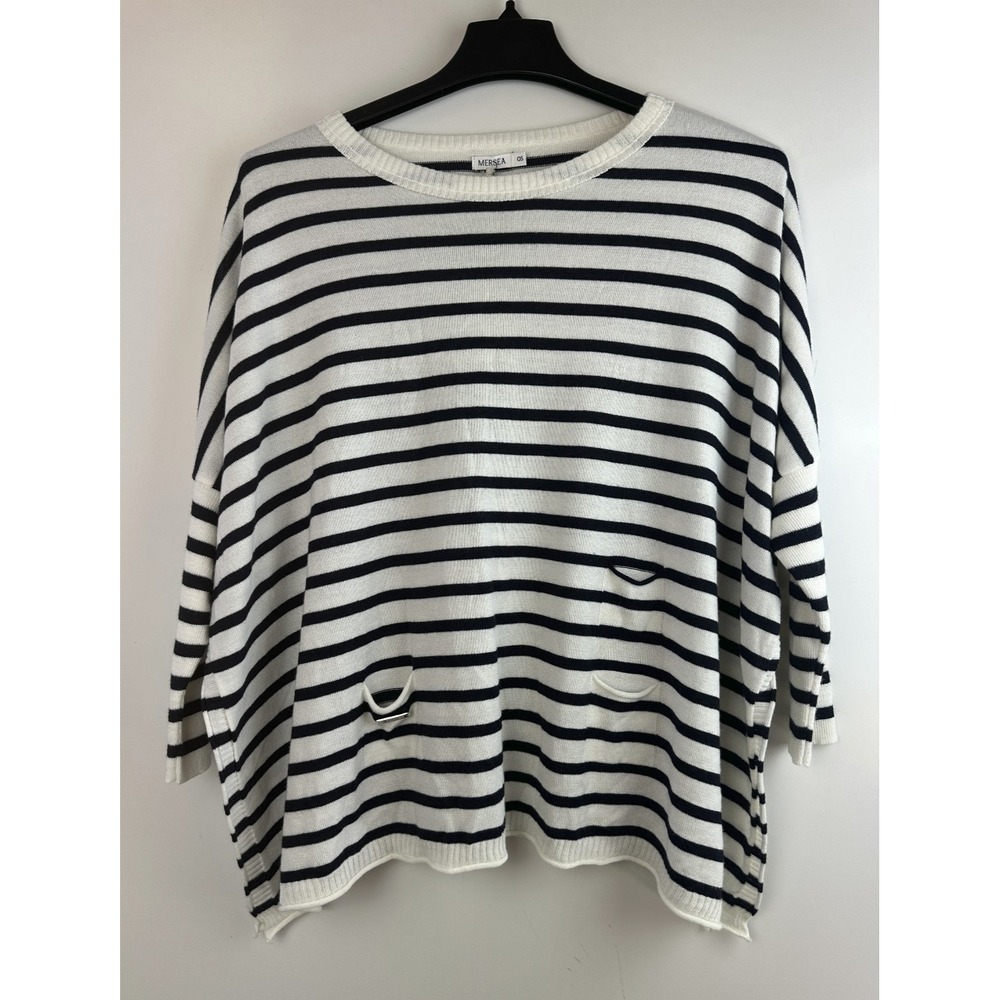 NWT MER SEA OS Catalina Traveler Sweater Side Slits Navy Stripe Boxy Mersea - Picture 14 of 14
